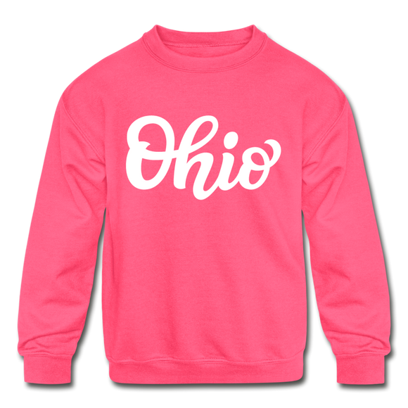 Ohio Youth Sweatshirt - Hand Lettered Youth Ohio Crewneck Sweatshirt - neon pink
