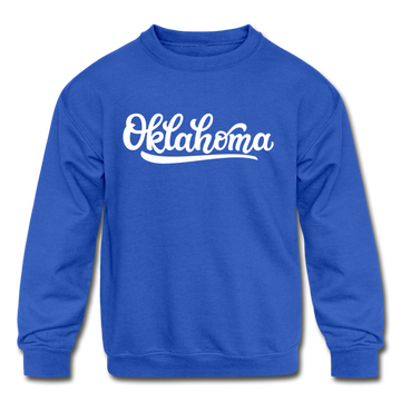 Oklahoma Youth Sweatshirt - Hand Lettered Youth Oklahoma Crewneck Sweatshirt - royal blue