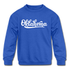 Oklahoma Youth Sweatshirt - Hand Lettered Youth Oklahoma Crewneck Sweatshirt - royal blue