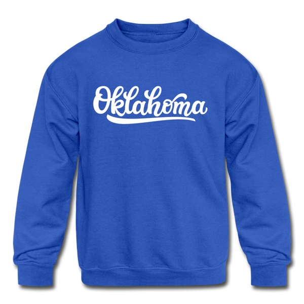 Oklahoma Youth Sweatshirt - Hand Lettered Youth Oklahoma Crewneck Sweatshirt - royal blue