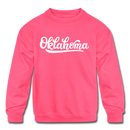 Oklahoma Youth Sweatshirt - Hand Lettered Youth Oklahoma Crewneck Sweatshirt - neon pink