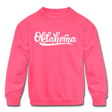 Oklahoma Youth Sweatshirt - Hand Lettered Youth Oklahoma Crewneck Sweatshirt - neon pink