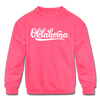 Oklahoma Youth Sweatshirt - Hand Lettered Youth Oklahoma Crewneck Sweatshirt - neon pink