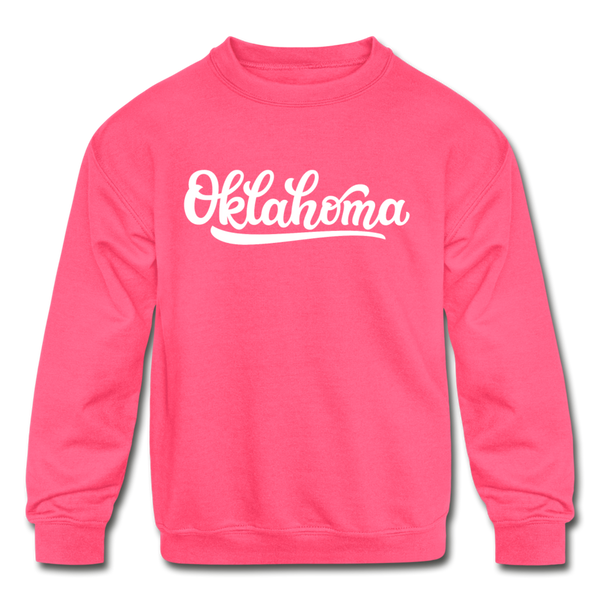 Oklahoma Youth Sweatshirt - Hand Lettered Youth Oklahoma Crewneck Sweatshirt - neon pink