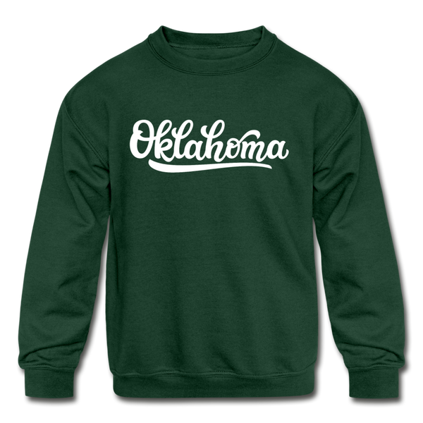 Oklahoma Youth Sweatshirt - Hand Lettered Youth Oklahoma Crewneck Sweatshirt - forest green