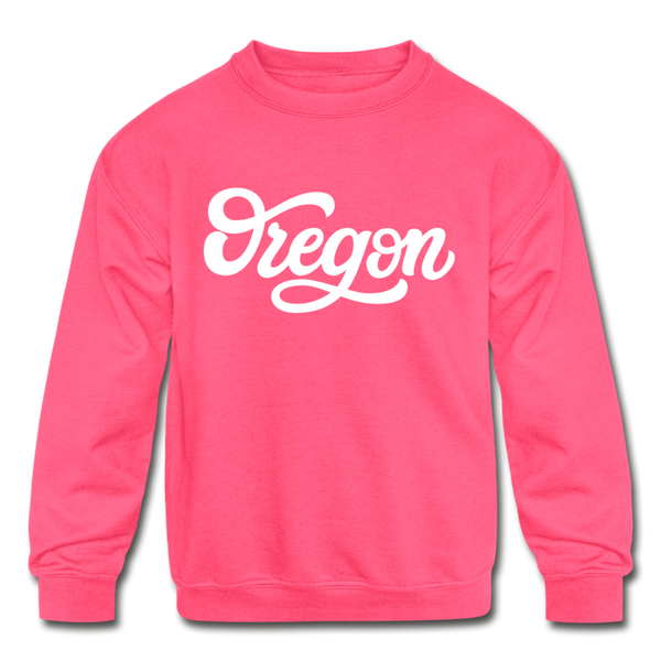 Oregon Youth Sweatshirt - Hand Lettered Youth Oregon Crewneck Sweatshirt - neon pink