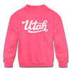 Utah Youth Sweatshirt - Hand Lettered Youth Utah Crewneck Sweatshirt - neon pink