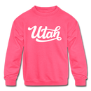 Utah Youth Sweatshirt - Hand Lettered Youth Utah Crewneck Sweatshirt - neon pink