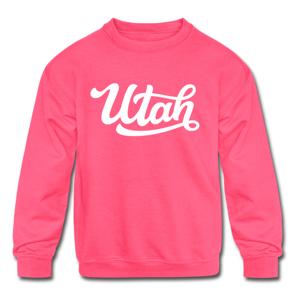 Utah Youth Sweatshirt - Hand Lettered Youth Utah Crewneck Sweatshirt - neon pink