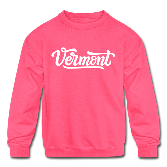 Vermont Youth Sweatshirt - Hand Lettered Youth Vermont Crewneck Sweatshirt - neon pink