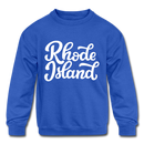 Rhode Island Youth Sweatshirt - Hand Lettered Youth Rhode Island Crewneck Sweatshirt - royal blue