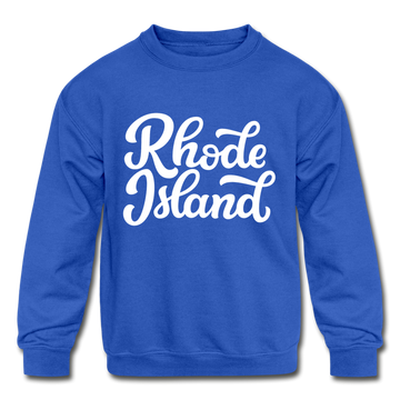 Rhode Island Youth Sweatshirt - Hand Lettered Youth Rhode Island Crewneck Sweatshirt - royal blue
