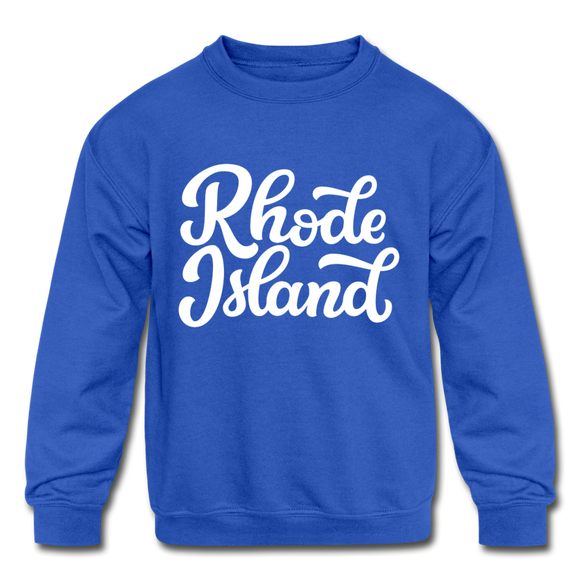 Rhode Island Youth Sweatshirt - Hand Lettered Youth Rhode Island Crewneck Sweatshirt - royal blue
