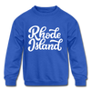 Rhode Island Youth Sweatshirt - Hand Lettered Youth Rhode Island Crewneck Sweatshirt - royal blue