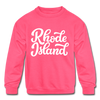 Rhode Island Youth Sweatshirt - Hand Lettered Youth Rhode Island Crewneck Sweatshirt - neon pink