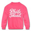 Rhode Island Youth Sweatshirt - Hand Lettered Youth Rhode Island Crewneck Sweatshirt - neon pink