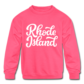 Rhode Island Youth Sweatshirt - Hand Lettered Youth Rhode Island Crewneck Sweatshirt - neon pink