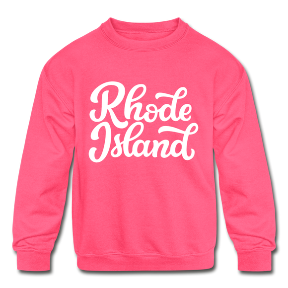 Rhode Island Youth Sweatshirt - Hand Lettered Youth Rhode Island Crewneck Sweatshirt - neon pink