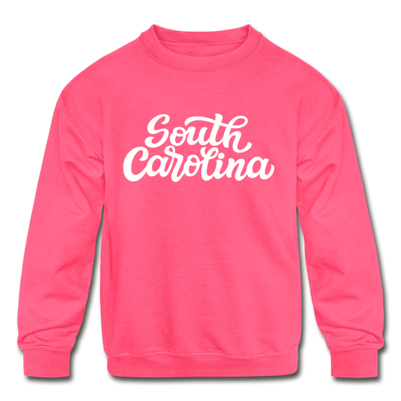 South Carolina Youth Sweatshirt - Hand Lettered Youth South Carolina Crewneck Sweatshirt - neon pink