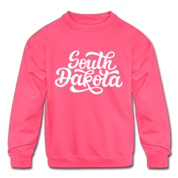 South Dakota Youth Sweatshirt - Hand Lettered Youth South Dakota Crewneck Sweatshirt - neon pink