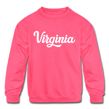 Virginia Youth Sweatshirt - Hand Lettered Youth Virginia Crewneck Sweatshirt - neon pink