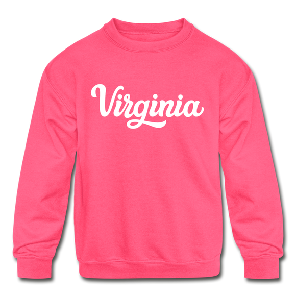 Virginia Youth Sweatshirt - Hand Lettered Youth Virginia Crewneck Sweatshirt - neon pink