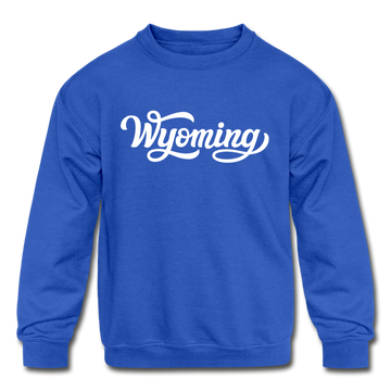 Wyoming Youth Sweatshirt - Hand Lettered Youth Wyoming Crewneck Sweatshirt - royal blue