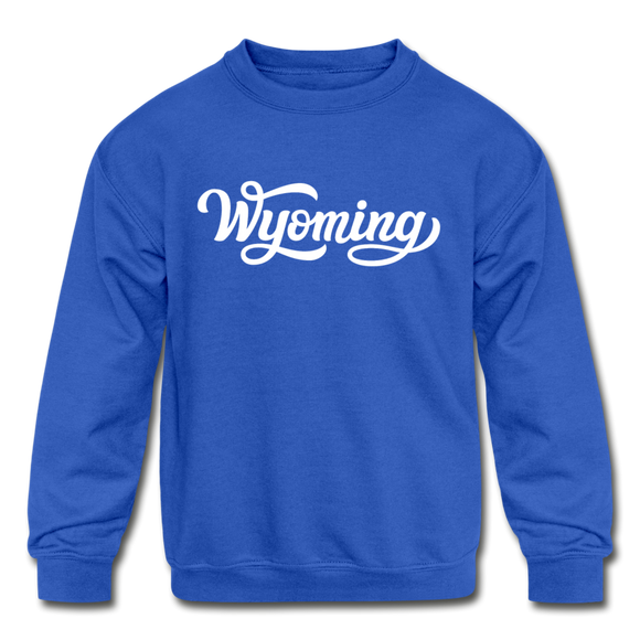 Wyoming Youth Sweatshirt - Hand Lettered Youth Wyoming Crewneck Sweatshirt - royal blue