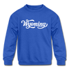 Wyoming Youth Sweatshirt - Hand Lettered Youth Wyoming Crewneck Sweatshirt - royal blue
