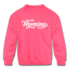 Wyoming Youth Sweatshirt - Hand Lettered Youth Wyoming Crewneck Sweatshirt - neon pink