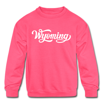 Wyoming Youth Sweatshirt - Hand Lettered Youth Wyoming Crewneck Sweatshirt - neon pink