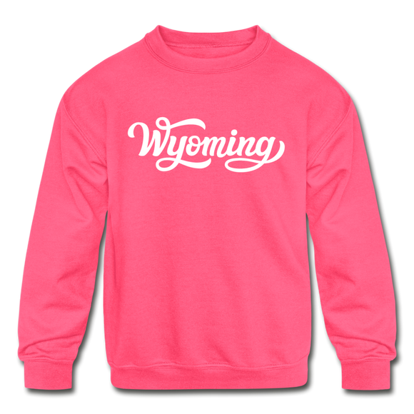 Wyoming Youth Sweatshirt - Hand Lettered Youth Wyoming Crewneck Sweatshirt - neon pink
