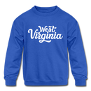 West Virginia Youth Sweatshirt - Hand Lettered Youth West Virginia Crewneck Sweatshirt - royal blue