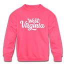 West Virginia Youth Sweatshirt - Hand Lettered Youth West Virginia Crewneck Sweatshirt - neon pink