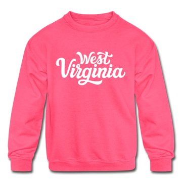 West Virginia Youth Sweatshirt - Hand Lettered Youth West Virginia Crewneck Sweatshirt - neon pink