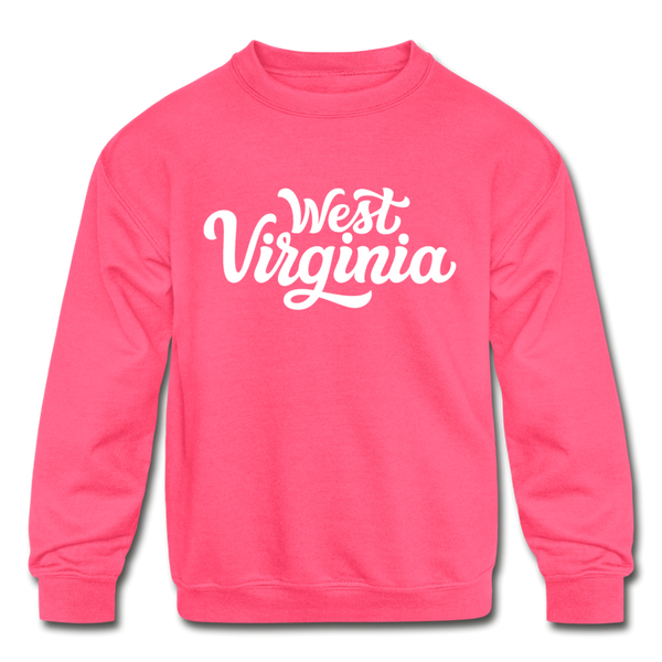 West Virginia Youth Sweatshirt - Hand Lettered Youth West Virginia Crewneck Sweatshirt - neon pink
