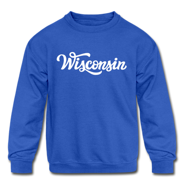 Wisconsin Youth Sweatshirt - Hand Lettered Youth Wisconsin Crewneck Sweatshirt - royal blue