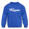 Wisconsin Youth Sweatshirt - Hand Lettered Youth Wisconsin Crewneck Sweatshirt - royal blue