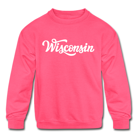 Wisconsin Youth Sweatshirt - Hand Lettered Youth Wisconsin Crewneck Sweatshirt - neon pink