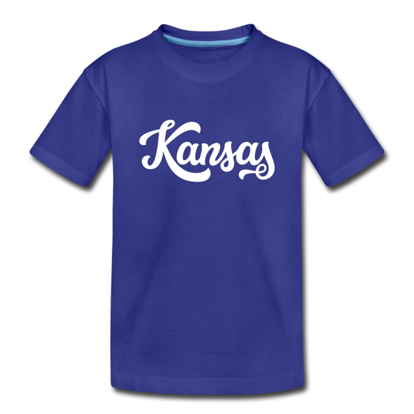 Kansas Youth T-Shirt - Hand Lettered Youth Kansas Tee - royal blue