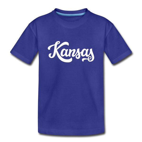 Kansas Youth T-Shirt - Hand Lettered Youth Kansas Tee - royal blue