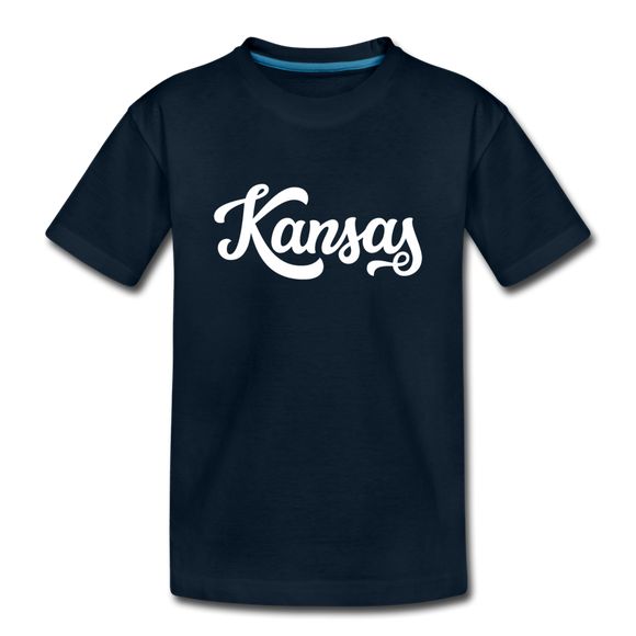 Kansas Youth T-Shirt - Hand Lettered Youth Kansas Tee - deep navy