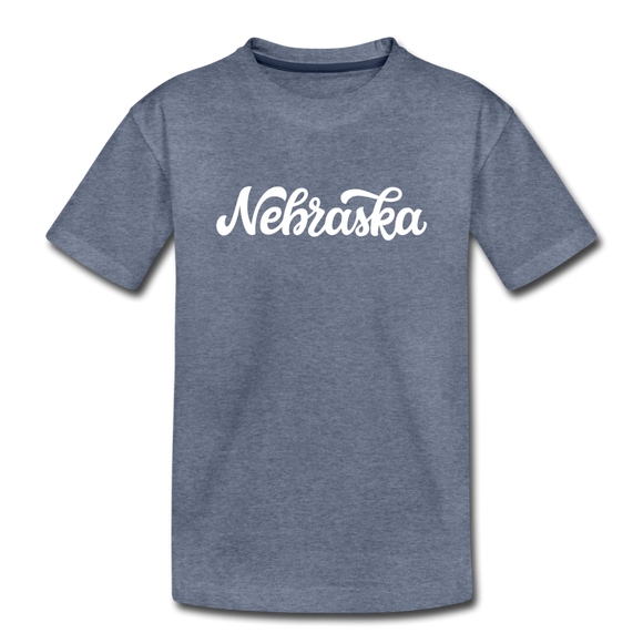 Nebraska Youth T-Shirt - Hand Lettered Youth Nebraska Tee - heather blue