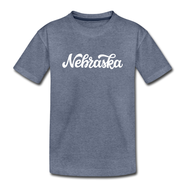 Nebraska Youth T-Shirt - Hand Lettered Youth Nebraska Tee - heather blue