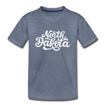 North Dakota Youth T-Shirt - Hand Lettered Youth North Dakota Tee - heather blue