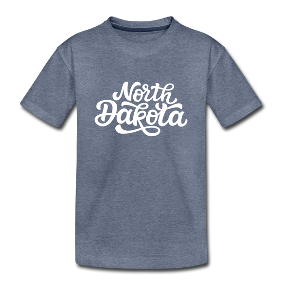 North Dakota Youth T-Shirt - Hand Lettered Youth North Dakota Tee - heather blue