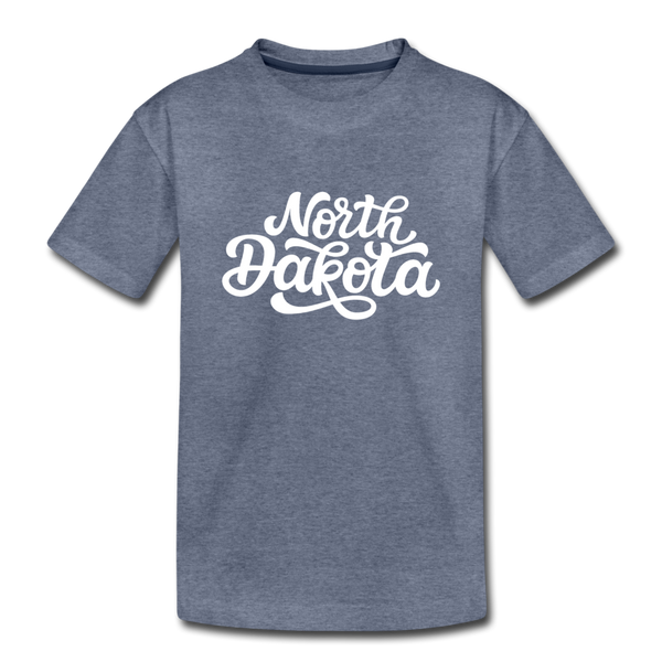 North Dakota Youth T-Shirt - Hand Lettered Youth North Dakota Tee - heather blue