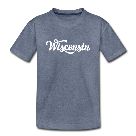 Wisconsin Youth T-Shirt - Hand Lettered Youth Wisconsin Tee - heather blue