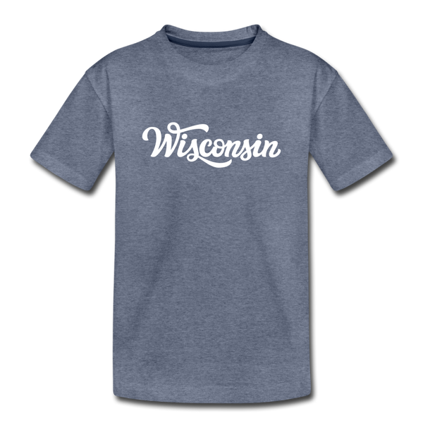 Wisconsin Youth T-Shirt - Hand Lettered Youth Wisconsin Tee - heather blue