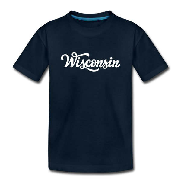 Wisconsin Youth T-Shirt - Hand Lettered Youth Wisconsin Tee - deep navy